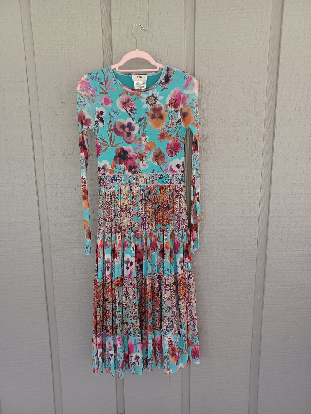 Fuzzi Floral Print Mesh Midi Dress Size M Long Sleeve Tiered Stretch Feminine
